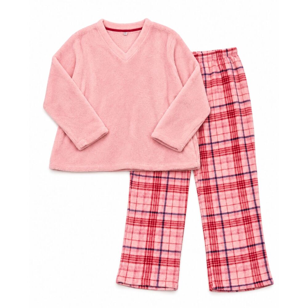 Pink K Plush Plaid Fleece Pajama Pants Sleepwear Set 2-Pc Sz L Color PINK